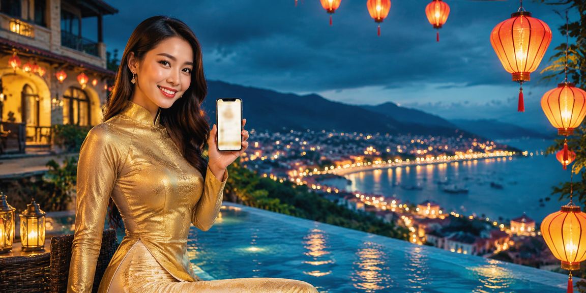 Người dùng Hội An mặc áo dài sử dụng ứng dụng cược casino và thể thao trên điện thoại