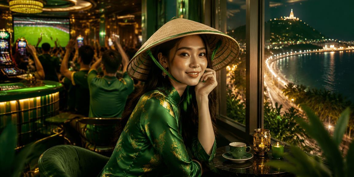 Người dùng Vũng Tàu đội nón lá tham gia cá cược và giải trí trực tuyến bên bờ biển